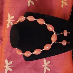 Large pink rose quartz Necklace choker with matching earrings set.